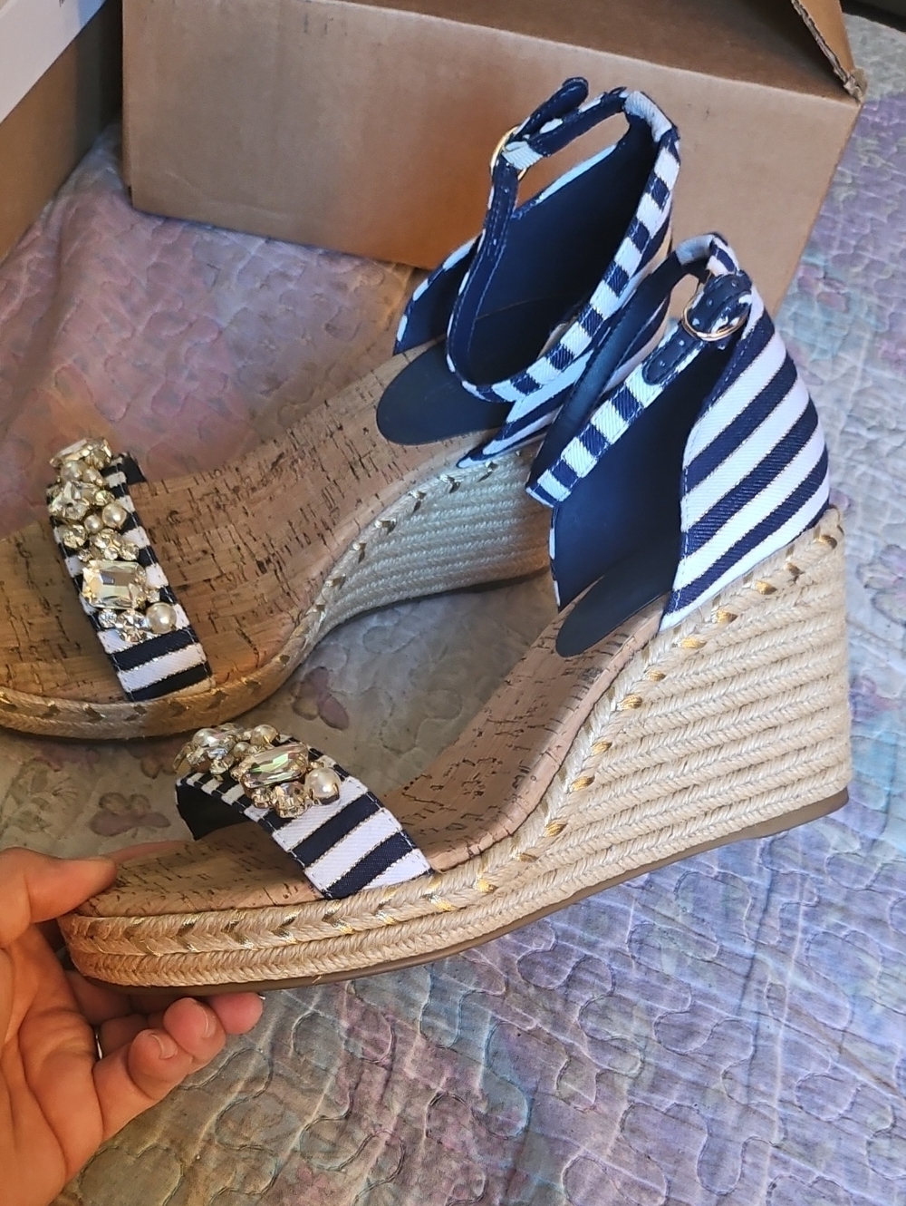 Karl Lagerfeld Navy and White Striped Jeweled Wedge Sandals